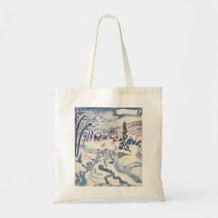 Tote Bag Noël vintage, paysage hivernal de village enneigé