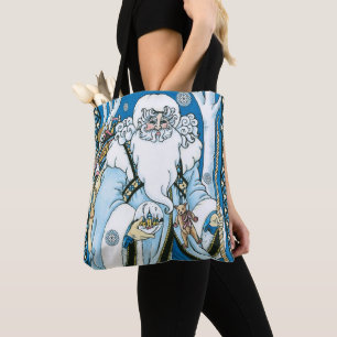 Tote Bag Noël Vintage, Père Noël Bleu avec Snowglobe