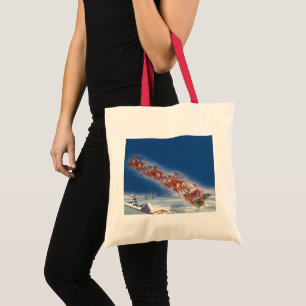 Tote Bag Noël Vintage, Père Noël Flying Sleigh w Reindeer