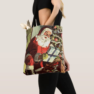 Tote Bag Noël vintage, Père Noël rétro avec cadeaux