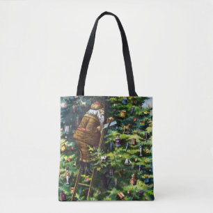 Tote Bag Noël vintage, Père Noël victorien avec arbre