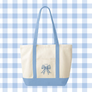 Tote Bag Nœud à carreaux Gingham bleu avec garniture de mon