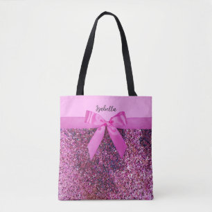 Tote Bag Nœud Coquette & Nom en écriture scintillante rose 