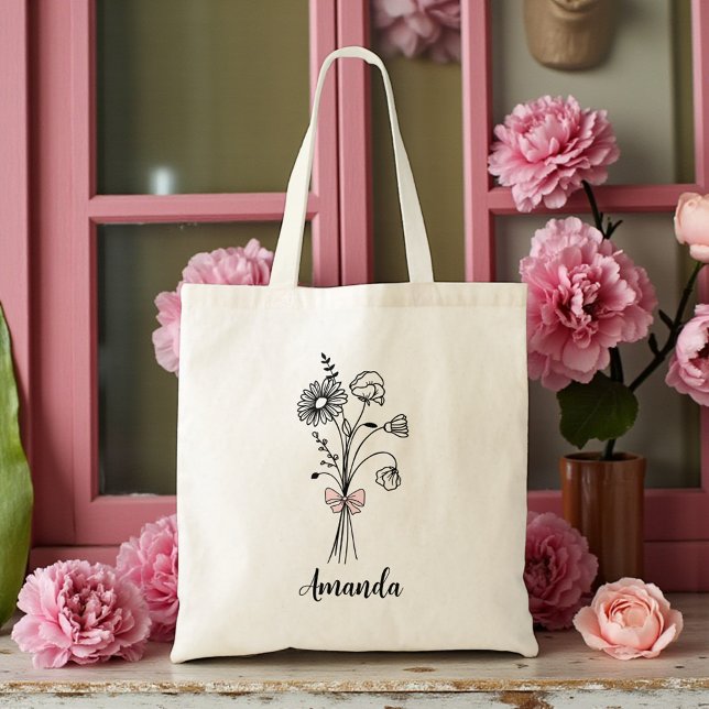 Tote Bag Nœud rose floral personnalisé pour demoiselle d'ho (Créateur téléchargé)