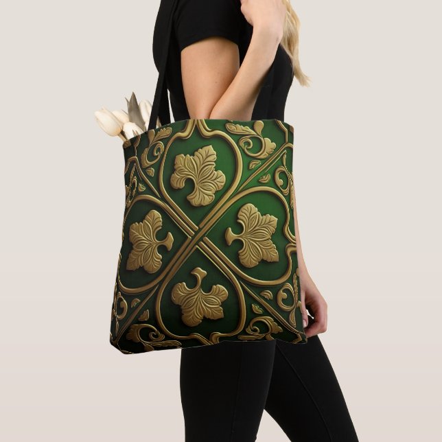 TOTE BAG NOEUDS CELTIQUES IRLANDAIS VERTS ET OR (De près)