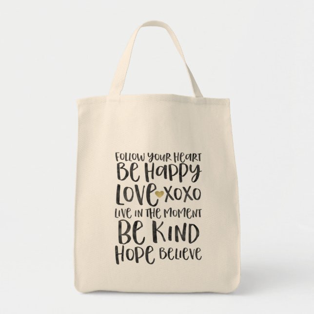 Tote Bag Noir Aquarelle Mots Inspirationnels Gold Heart (Devant)