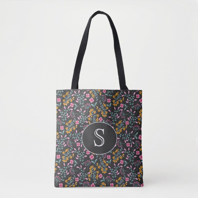 Tote Bag Noir avec Monogramme floral rose et jaune (Devant)