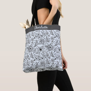 Tote Bag Noir & blanc floral sans soudure motif avec nom