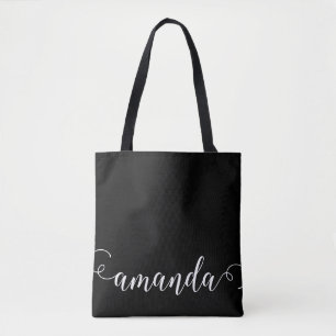Tote Bag Noir Blanc moderne Script Nom de la fête nuptiale 