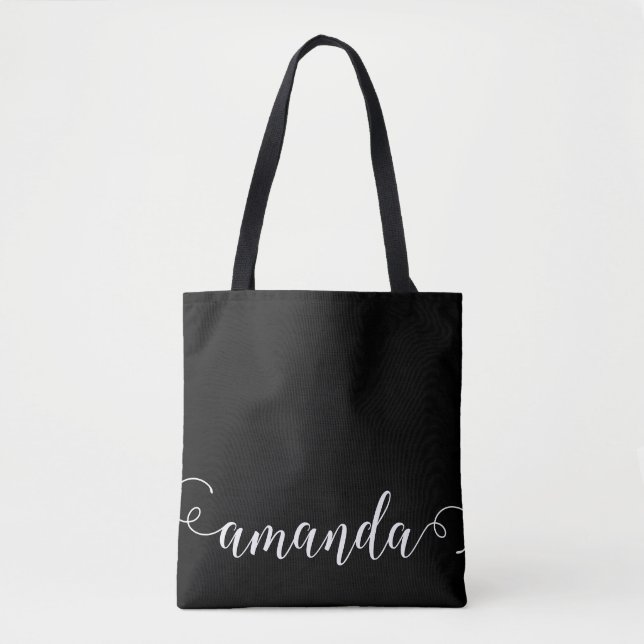 Tote Bag Noir Blanc moderne Script Nom de la fête nuptiale  (Devant)