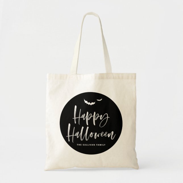 Tote Bag Noir et blanc Happy Halloween Brush Calligraphie (Devant)