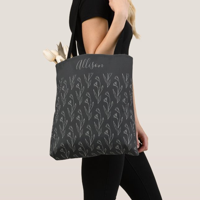 Tote Bag Noir et blanc Ligne Botanique Art Personnalisé (De près)