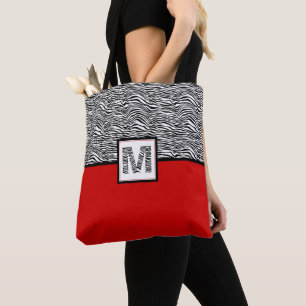 Tote Bag Noir et blanc Zèbre Imprimer Monogramme   Rouge