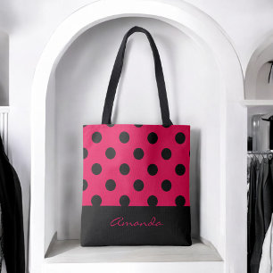 Tote Bag Noir et pois chic fuchsia avec le monogramme