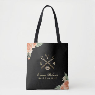 Tote Bag Noir floral vintage de maquilleur et de coiffeur