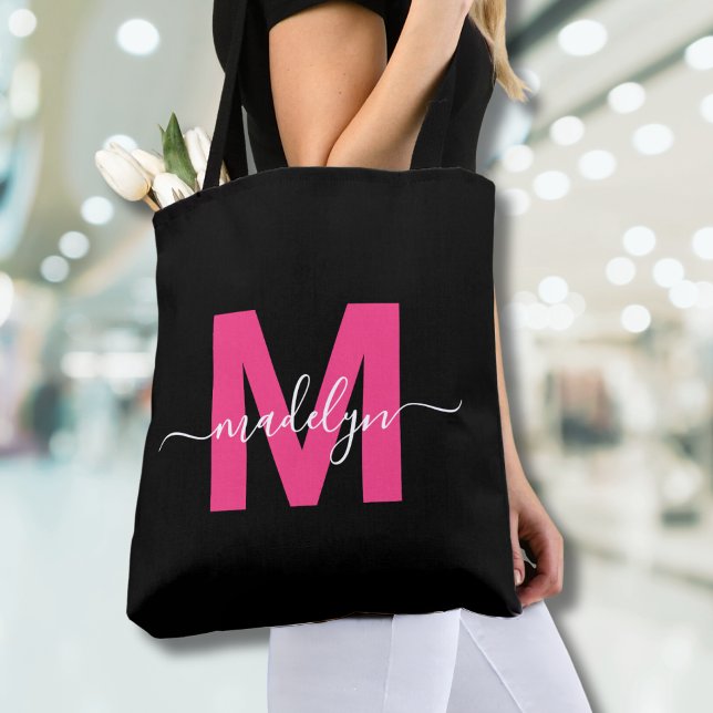 Tote Bag Noir Hot rose moderne Nom du script Monogramme (Black Hot Pink Modern Script Name Monogram Tote Bag)