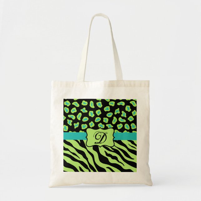 Tote Bag Noir, Lime Vert & Turquoise Zebra & Cheetah Skin (Devant)