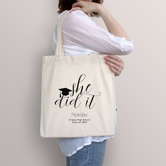 Tote Bag Noir moderne Élégant Script Police Graduation (Créateur téléchargé)
