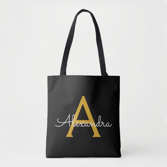 Tote Bag Noir Nom Gold White Girl Script Monogramme moderne (Devant)