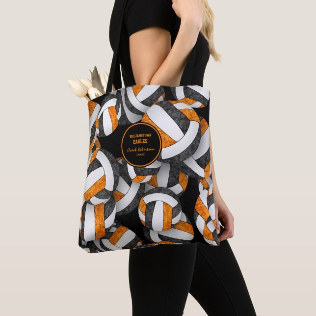 Tote Bag noir orange équipe couleurs volleball nom de l'ent (De près)