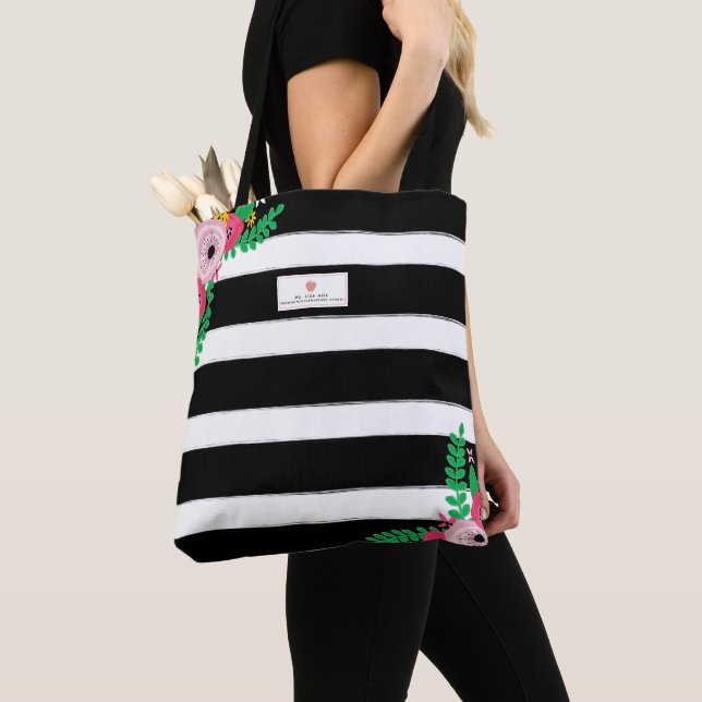 Tote Bag Noir + Professeur rose floral d'Apple de rayure (De près)