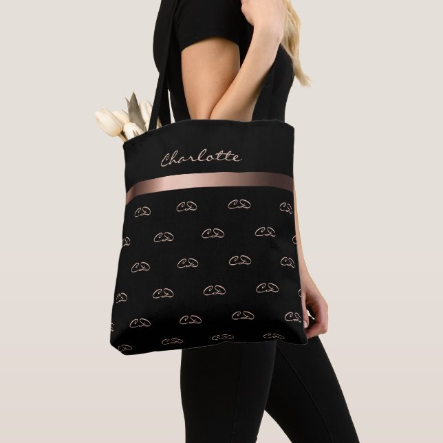 Tote Bag Noir rose or monogramme initiales nom du motif (De près)