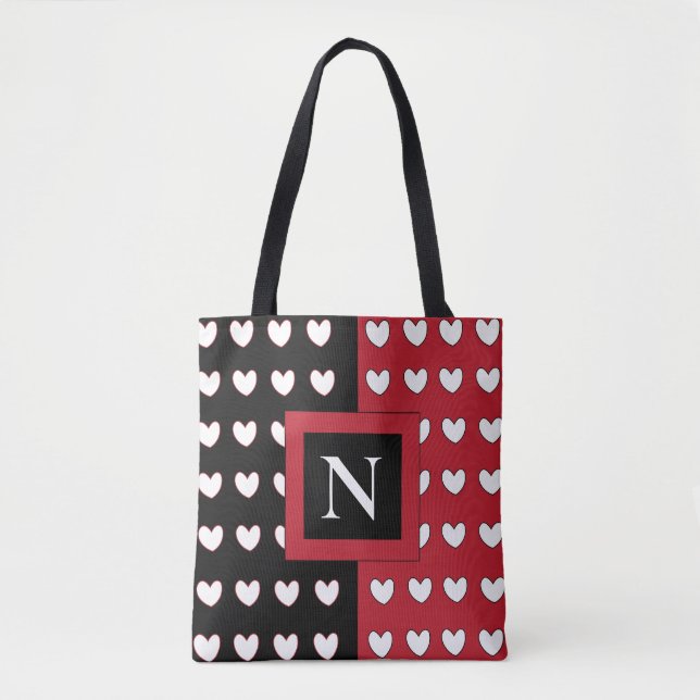 Tote Bag Noir Rouge Coeurs blancs Monogramme initial (Devant)