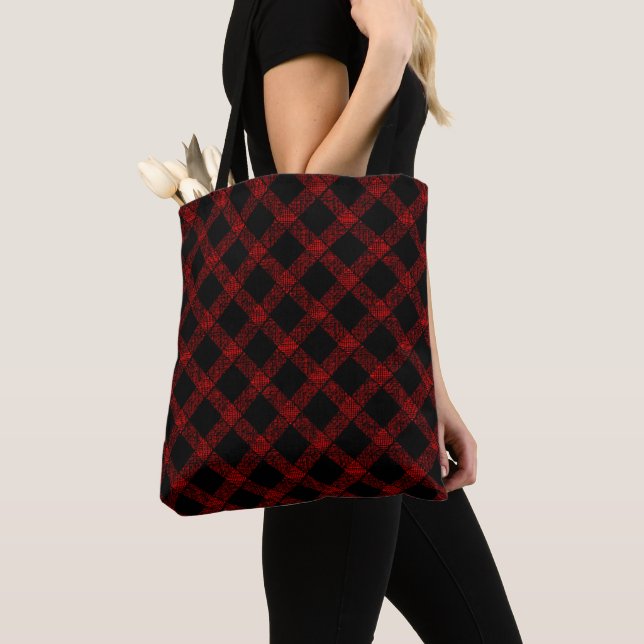 Tote Bag Noir rustique et rouge vif plaid avec lignes épais (De près)