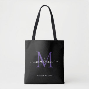 Tote Bag Noir Violet Violet Monogramme Nom du script Initia