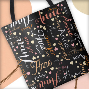 Tote Bag Nom de couleur et Coeurs répétés partout en noir
