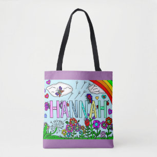 Tote Bag Nom de la fille Hannah dessiné à la main Fleurs Wh