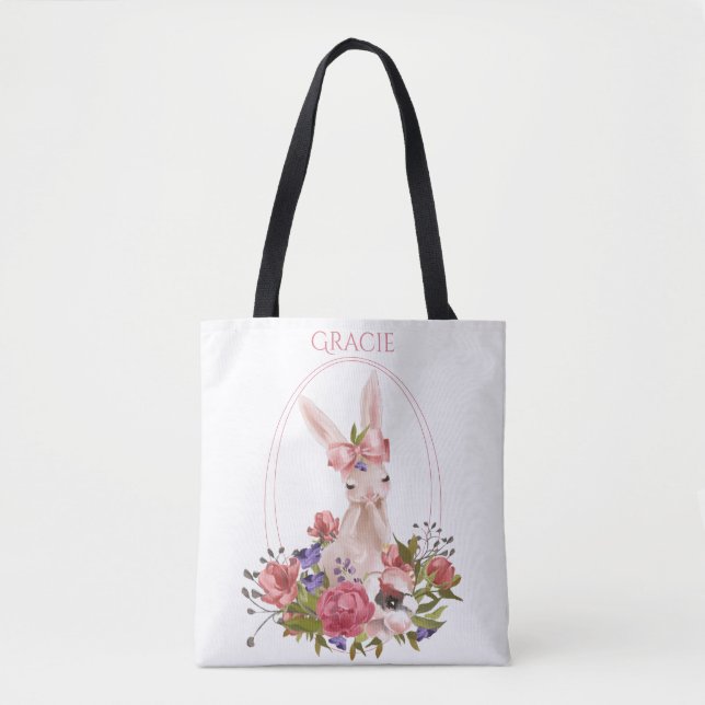 Tote Bag Nom de l'aquarelle florale du lapin mou (Devant)