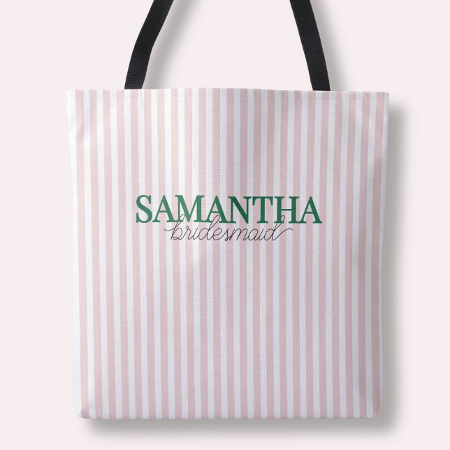 Tote Bag Nom de l'employée de ménage moderne rose rayé vert (Modern Pink Striped Custom Green Bridesmaid Name Tote Bag)