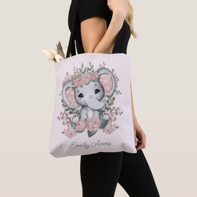 Tote Bag Nom de l'enfant Eléphant rose rose floral (De près)