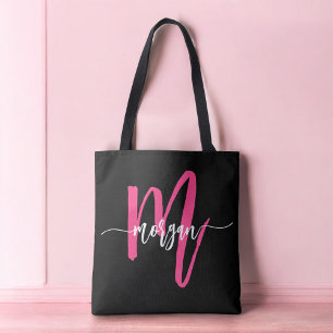 Tote Bag Nom de monogramme féminin écriture moderne noir ro