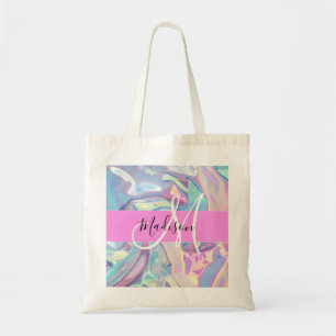 Tote Bag Nom de monogramme holographique iridescent rose fé