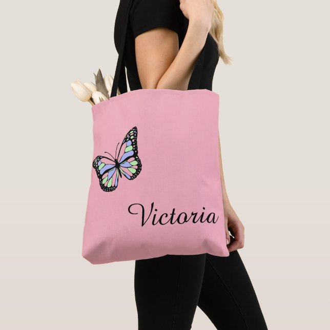 Tote Bag Nom de script cursif rose et noir mou Papillon (De près)
