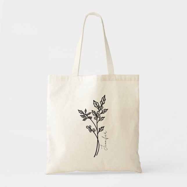 Tote Bag Nom de script de houx de fleur du mois de naissanc (Devant)