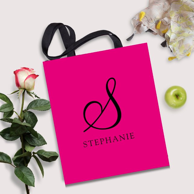 Tote Bag Nom de script initial Monogramme Rose Noir Tendanc (Créateur téléchargé)