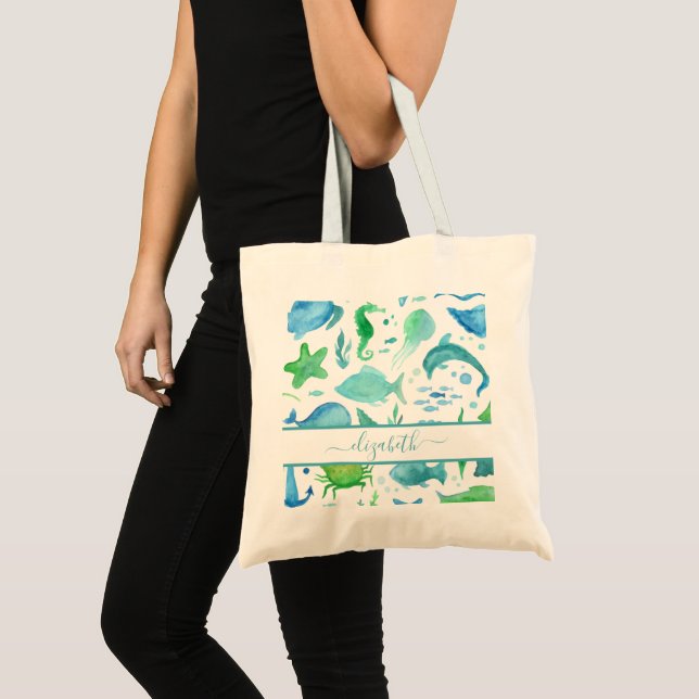 Tote Bag Nom des dauphins de poissons de mer bleu vert (Devant (produit))