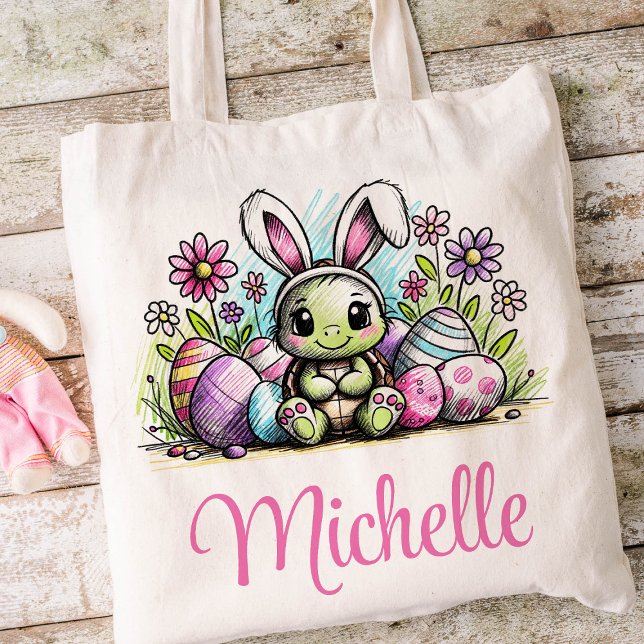Tote Bag Nom des enfants de Pâques Filles Tortue lapin (Turtle Girls Easter Tote)