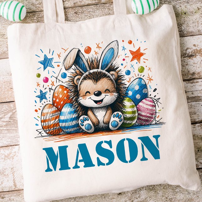 Tote Bag Nom des enfants de Pâques Garçons Bunny Hérisson (Boys Easter Tote)