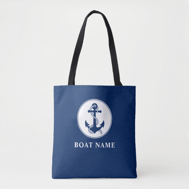 Tote Bag Nom du bateau Ancre nautique et corde Marine Bleu  (Devant)