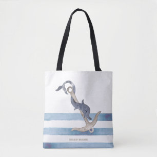Tote Bag Nom du bateau nautique, Ancre Dauphin Stripes