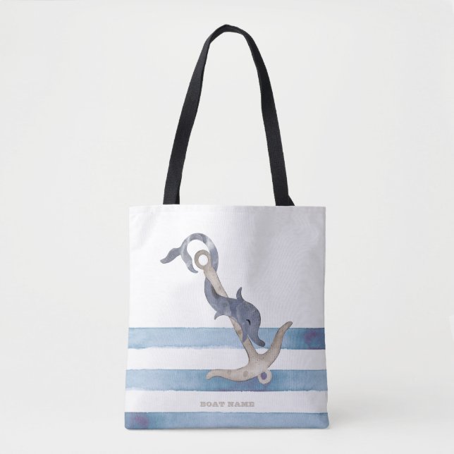 Tote Bag Nom du bateau nautique, Ancre Dauphin Stripes (Devant)