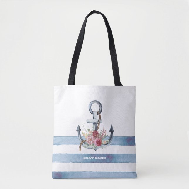 Tote Bag Nom du bateau nautique, Fleurs d'Ancres rayures (Devant)