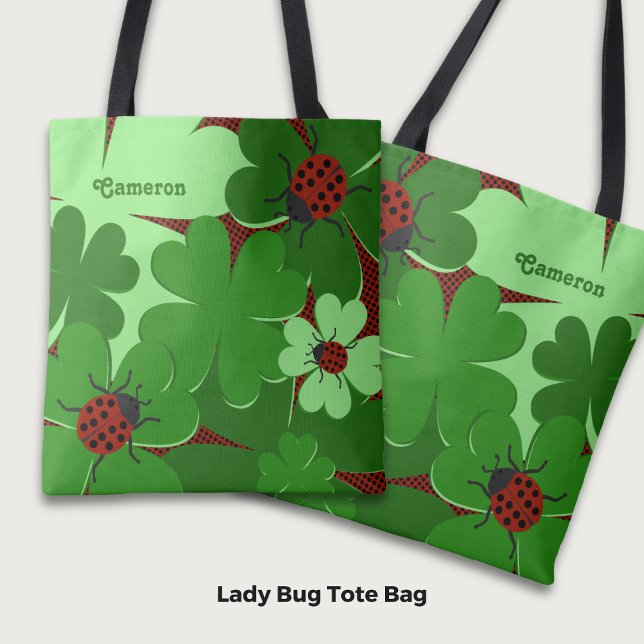 Tote Bag Nom du Feuille de trèfle de coccinelle en rouge ve (Cute Ladybug Clover Leaves Name in Green Red Tote Bag)