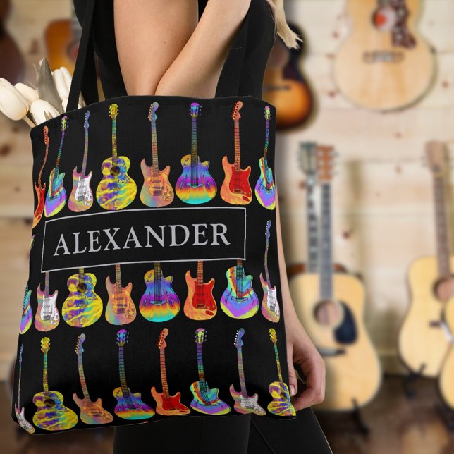 Tote Bag Nom du joueur guitariste Musique guitariste (Colorful guitar personalized name tote bag for guitarists musicians music teachers psychedelic )