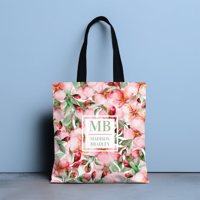Tote Bag Nom du monogramme Aquarelle de la fleur de cerisie (Créateur téléchargé)
