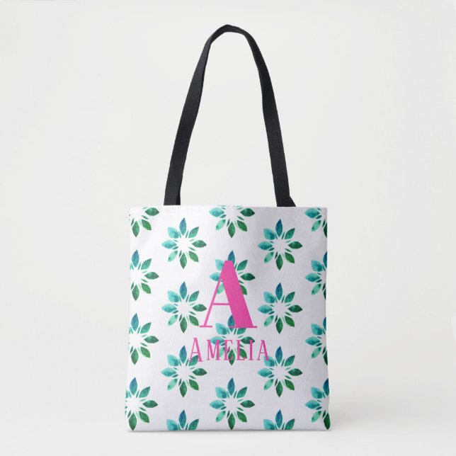 Tote Bag Nom du monogramme Aquarelle florale rose vert rétr (Devant)